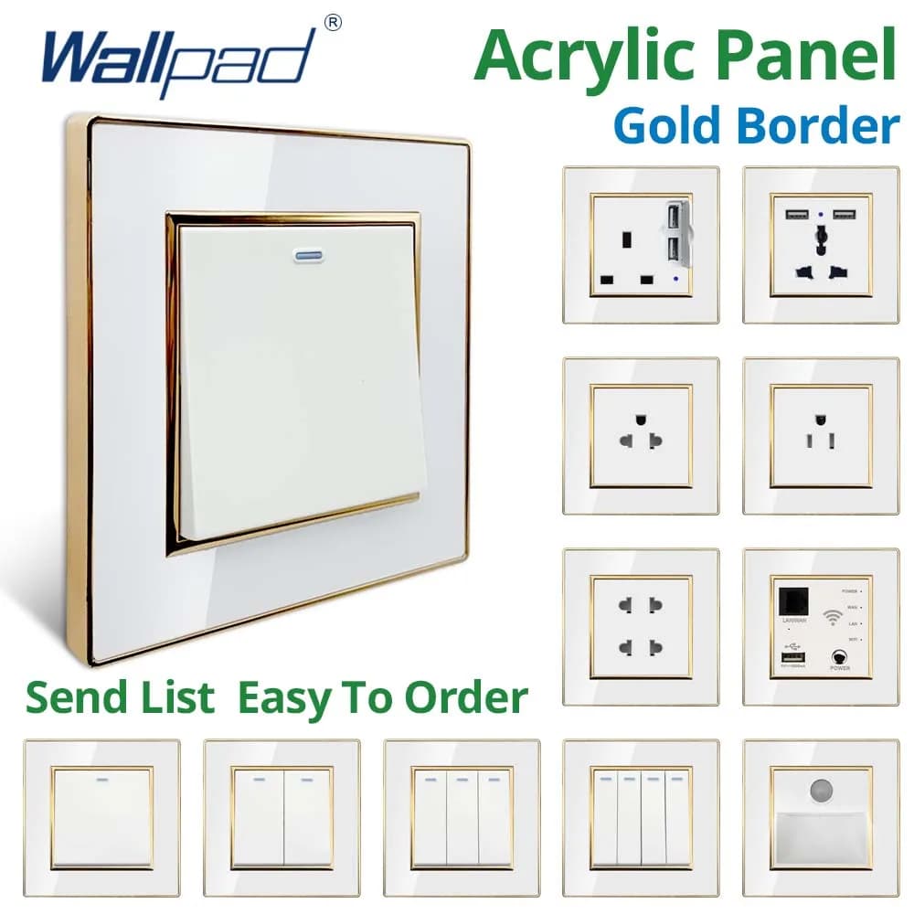 Wallpad US UK Steckdosen und Schalter 220 V weißes Acrylpanel mit goldenem Rand USB-Ladeanschluss Steckdose 1 2 3 4 Gang 2-Wege-Reset 3-Wege