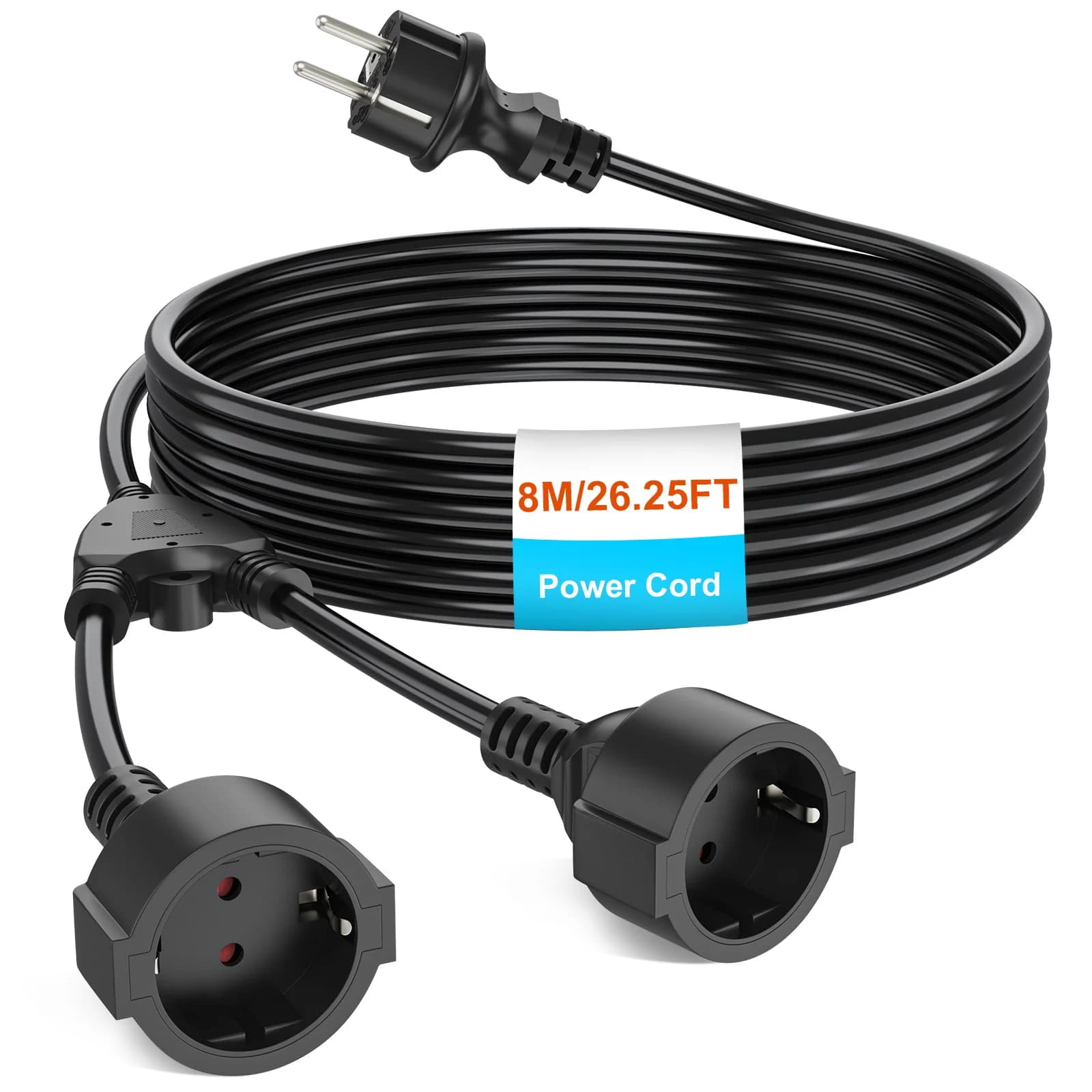 2/5/8 m 1 bis 2 Wege EU-Stromverlängerungskabel, Doppelstecker-Steckdose, 2-polige Stecker auf Buchse, Stromkabel 13 A/250 V für PC-TV