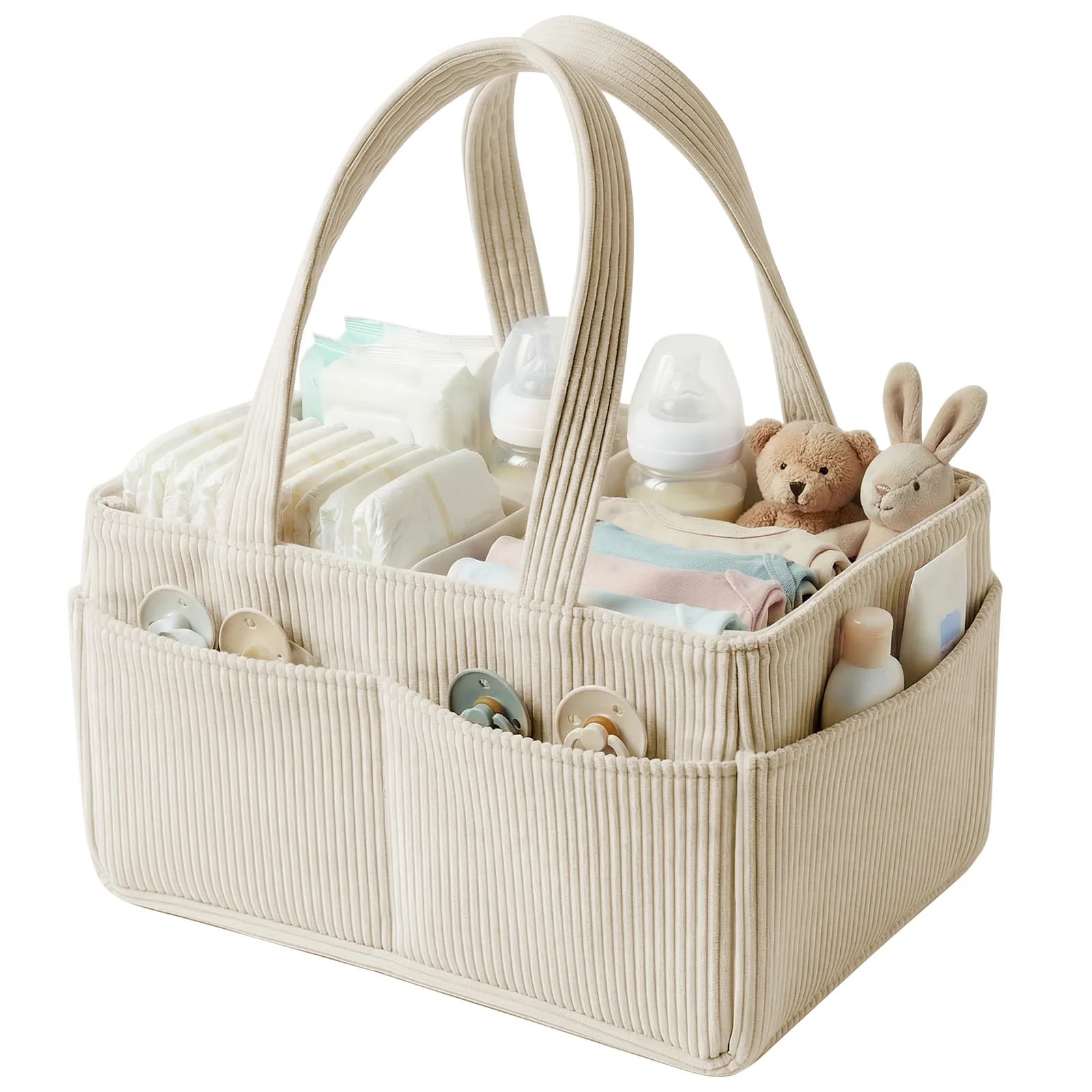 Baby Windel-Organizer aus Cord, Windel-Aufbewahrungskorb mit Griff, Faltbare Mehrtaschen-Tragetasche für Neugeborene, Tragbare Mama-Tasche
