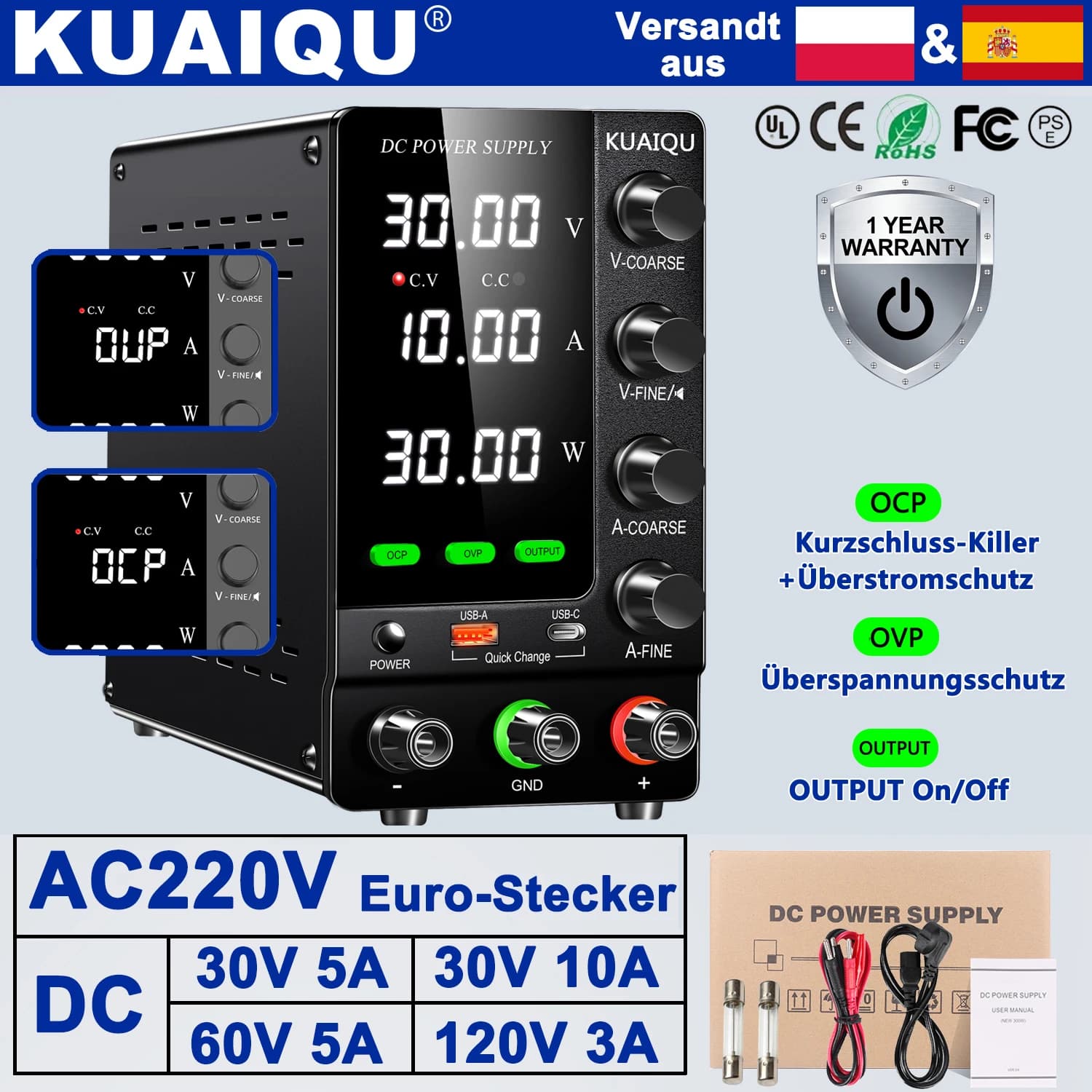 Offizielle KUAIQU labornetzteil, variabel und regelbar 30V/60V/120V, Labornetzgerät mit OCP/OVP/Ausgang/Encoder, zwei Modelle verfügbar, Lieferung