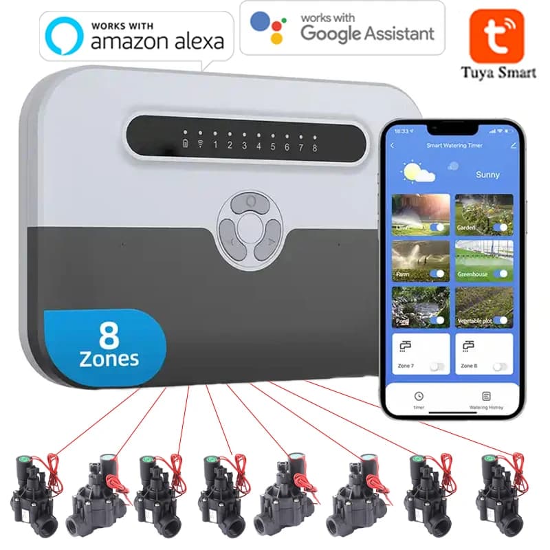 8-Stationen WLAN Smart Sprinkler-Controller und Magnetventil-Bewässerungssystem für den Innenbereich, Fernsteuerung per Telefon, kompatibel mit