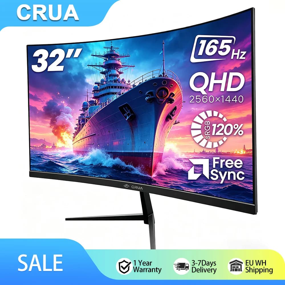 CRUA 32 Zoll Gaming-Monitor 165Hz 2560*1440 Computerbildschirm FreeSync, Blaulichtfilter, 1500R VA-Bildschirm, Wandmontage