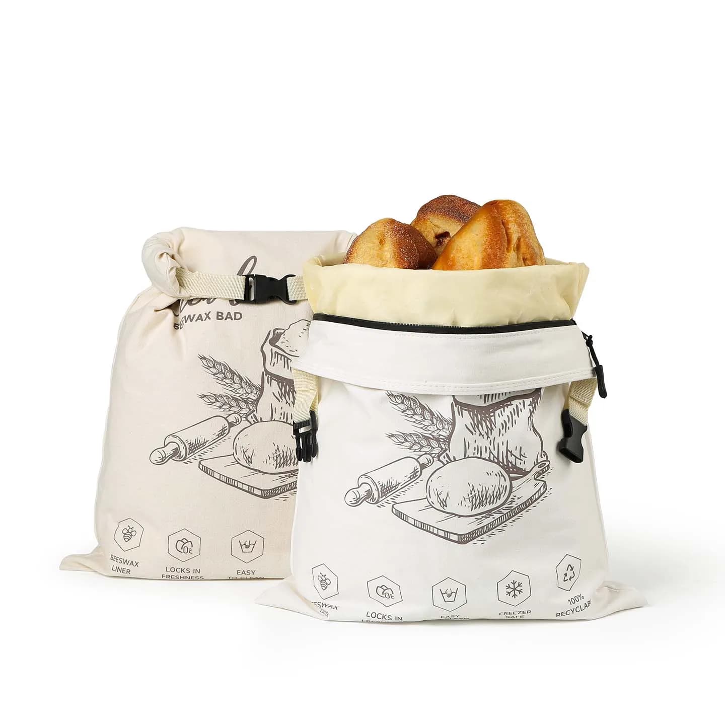 Aufsteckbarer Bienenwachs-Brotbeutel mit Reißverschluss, wiederverwendbarer Sandwich-Bienenwachs-Brotbeutel in Lebensmittelqualität