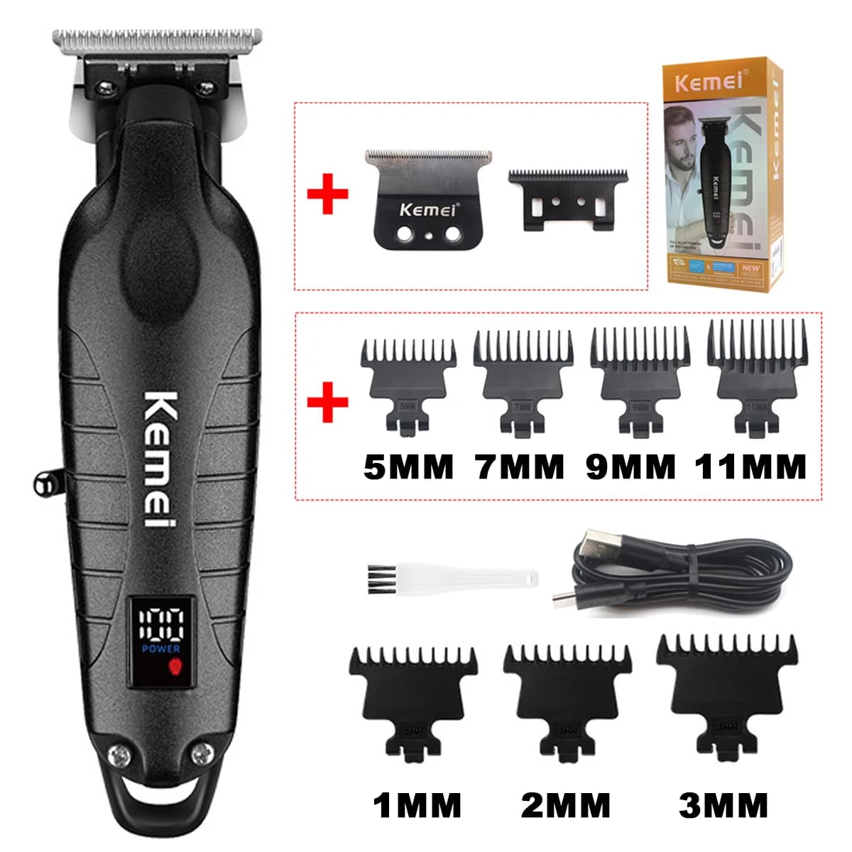 Kemei KM-2293 Professionelle Haarschneidemaschine mit Zero Gapped, Vollmetall-DLC-T-Blade-Finishing-Maschine, USB-LED-Haarschneidemaschine für Herren