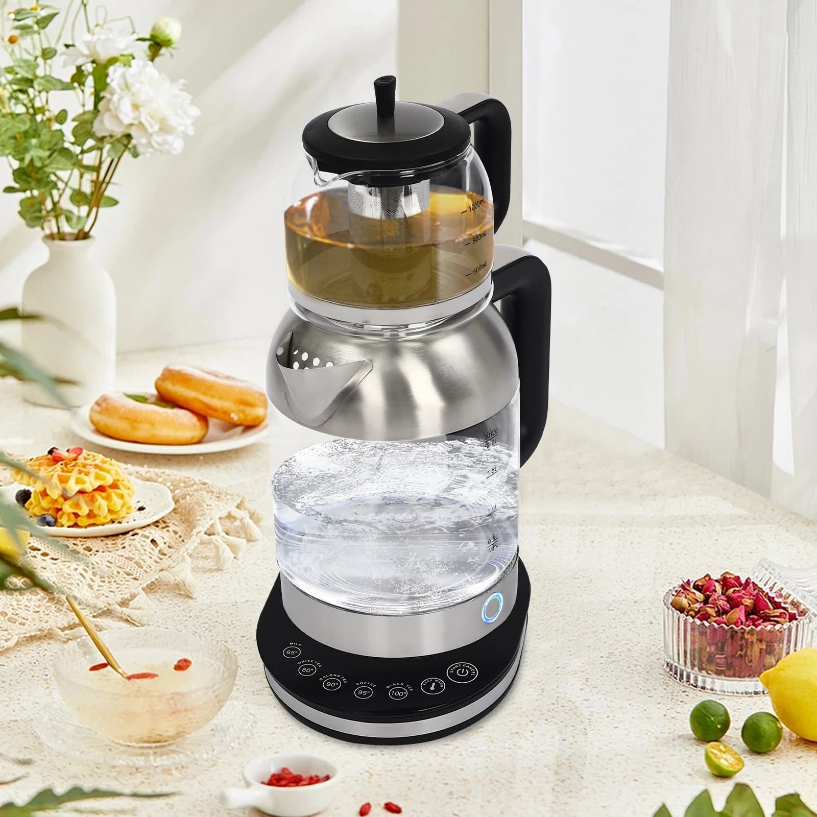 2000W Elektrischer Wasserkocher mit Teekanne, 2-in-1 Glas-Wasserkocher mit 5 Temperaturstufen und Warmhaltefunktion für Kaffee und Schwarztee