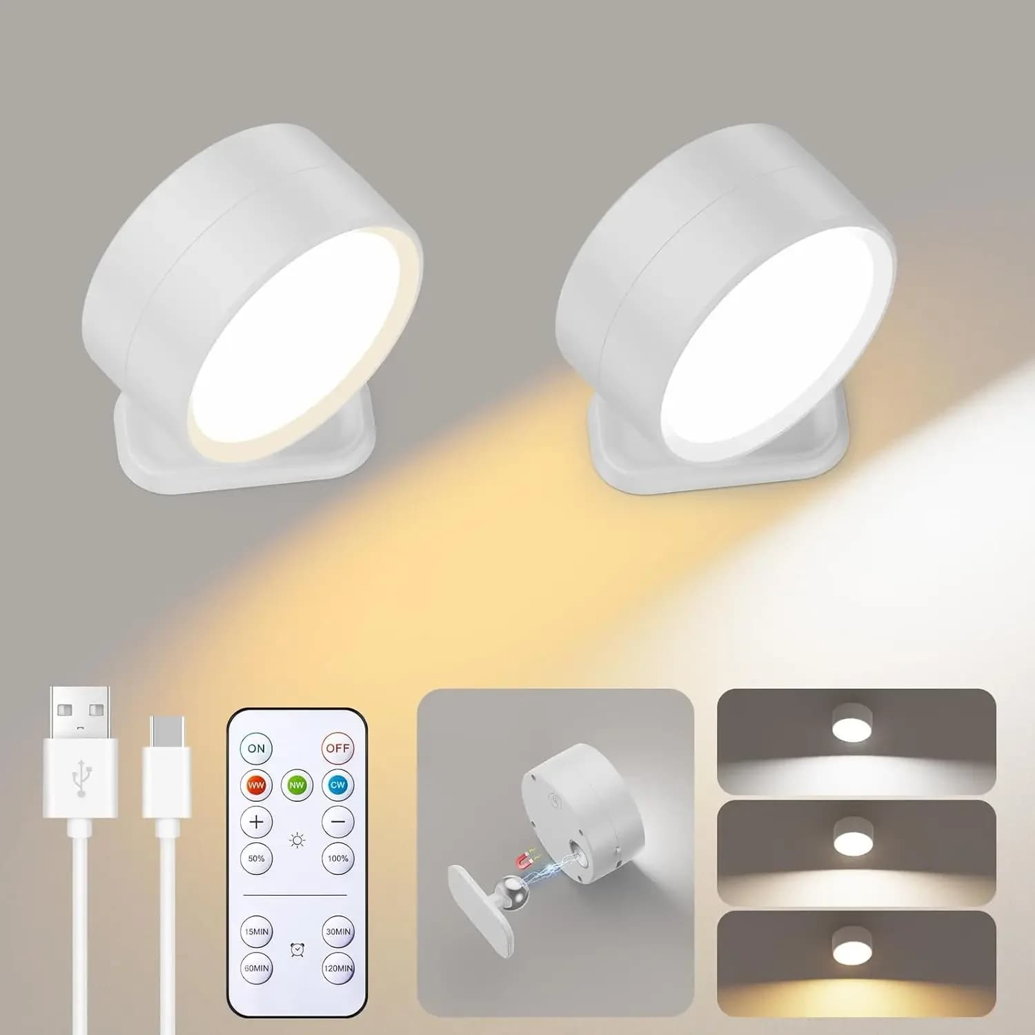 Magnetische LED-Wandleuchten, wiederaufladbare dimmbare Wandleuchten mit Fernbedienung, 360° °   Drehbare Wandleuchte für Schlafzimmer