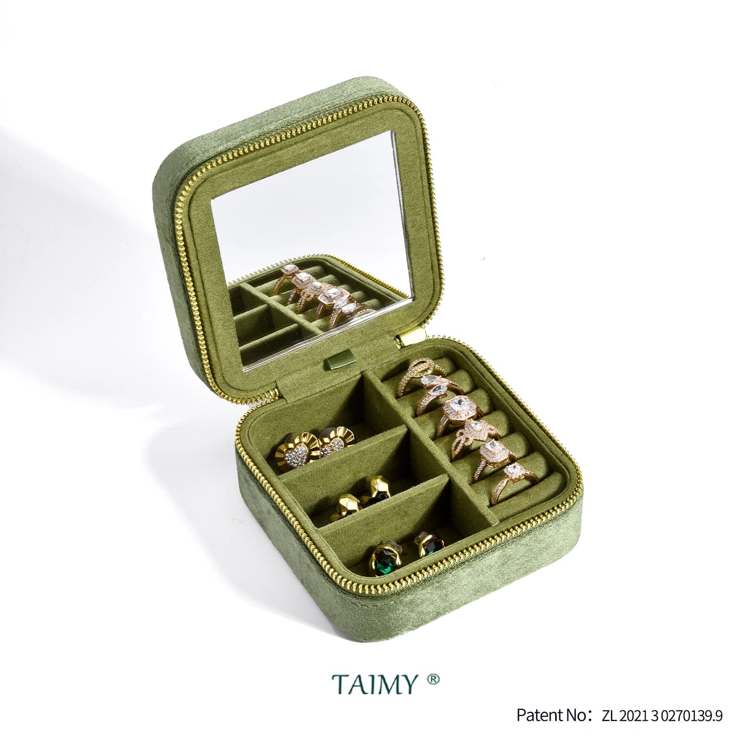 TAIMY Vintage Samt Reise Schmuck Aufbewahrung Ring Box Flip mit Spiegel Organizer Unterstützung Logo Custom Retro Grüne Schmuckschatulle