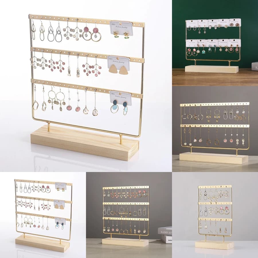 Luxus Multilayer Metall Ohrringe Display Stand Mit Holz Basis Anhänger Ohrring Schmuck Lagerung Racks Hängen Halter Zähler Requisiten