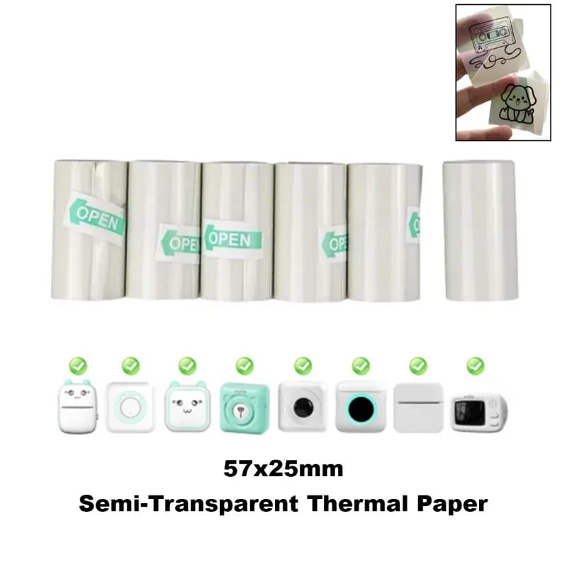 Mini-Drucker, durchscheinendes Papier, selbstklebende Druckpapierrolle, direktes Thermopapier, transparentes Druckpapier, 57 x 25 mm