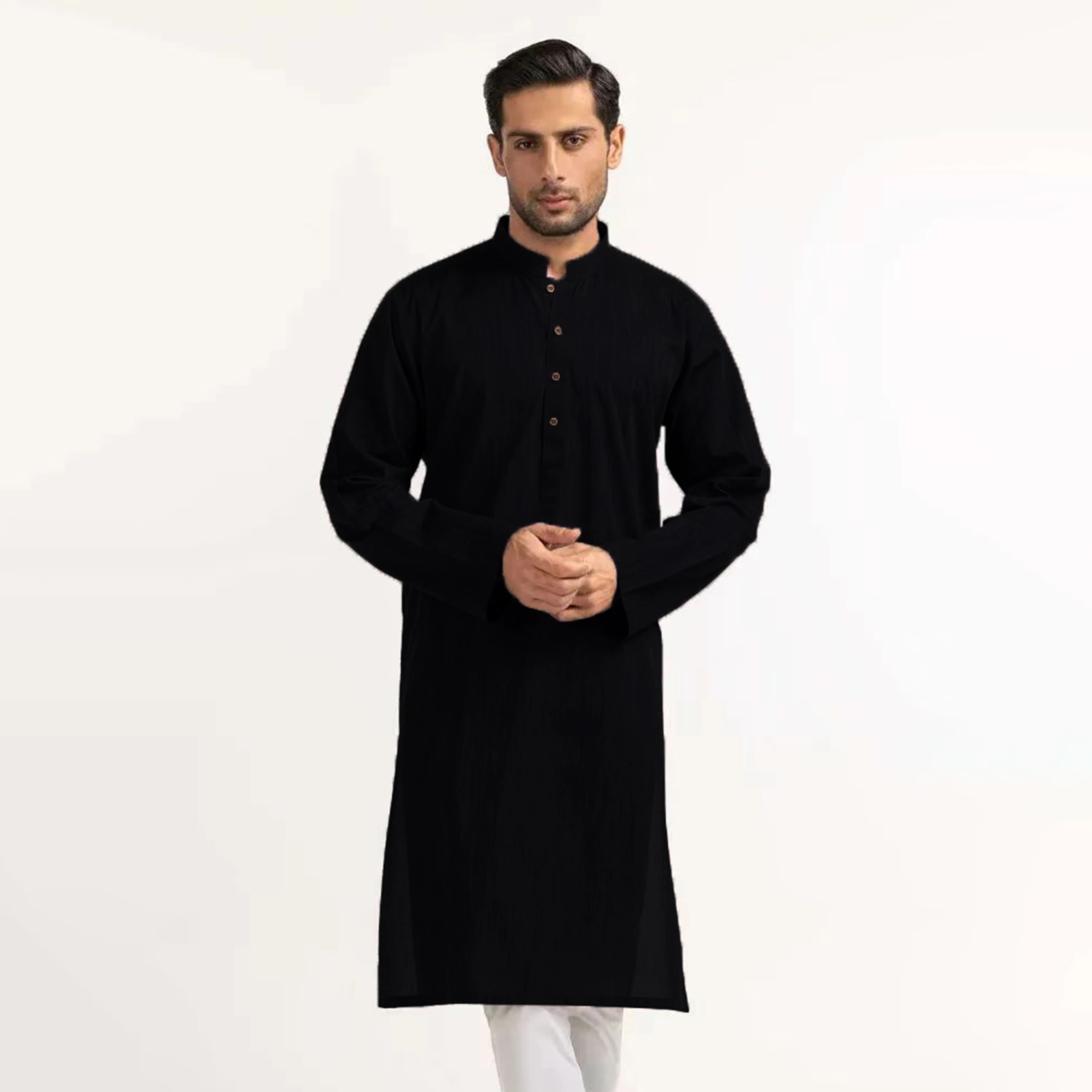 Herren-Stehkragen, schwarz, muslimische Robe, mittellang, Persönlichkeit, lässige Mode, einfarbiges Hemd, traditionelle Herrenbekleidung