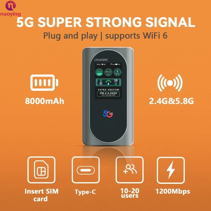 NUOYING M2D WiFi6 MiFi Router 5G-Unterstützung Dual-Band 600Mbps Farbdisplay Tragbarer Drahtloser Router