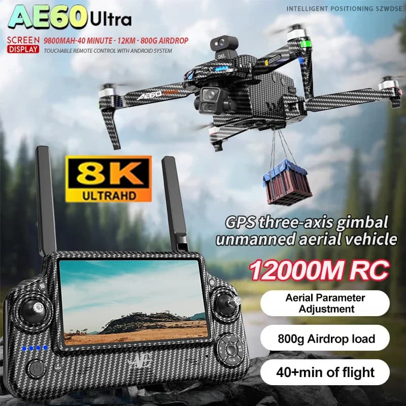 AE60 Ultra GPS-Drohne Professionell mit 8K HD-Kamera, 3-Achsen-Gimbal, Luftbildfotografie, 12KM Hindernisvermeidung, FPV, Airdrop-Funktion und