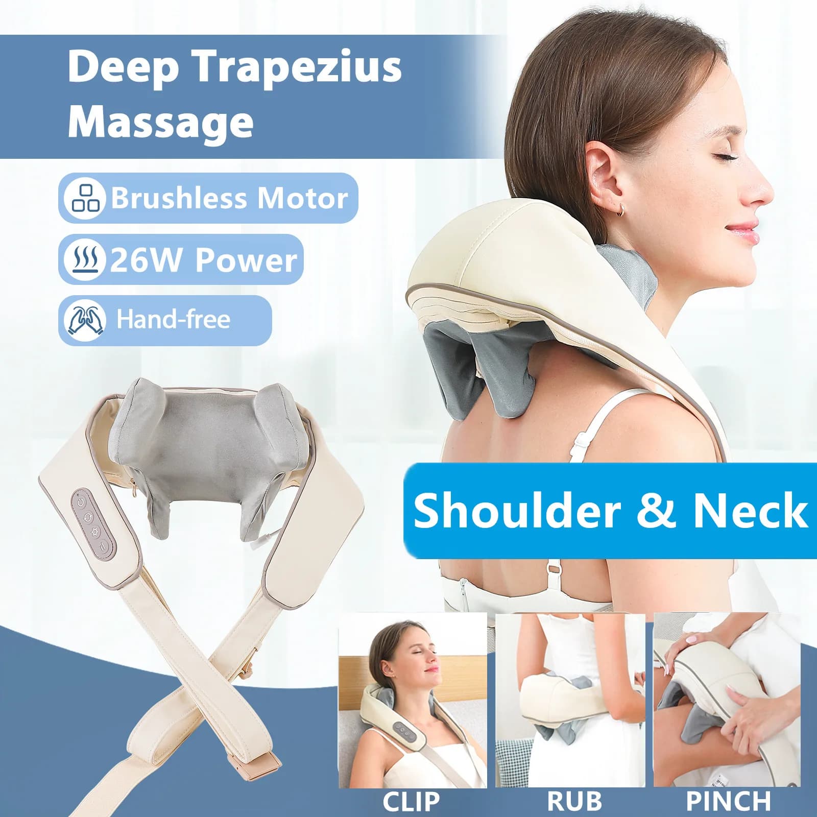 Foreverlily 26W Bürstenloser Motor Nacken- und Schultermassagegerät Drahtlose Schulter- und Rückenknetmassage Schal Hals masajeador
