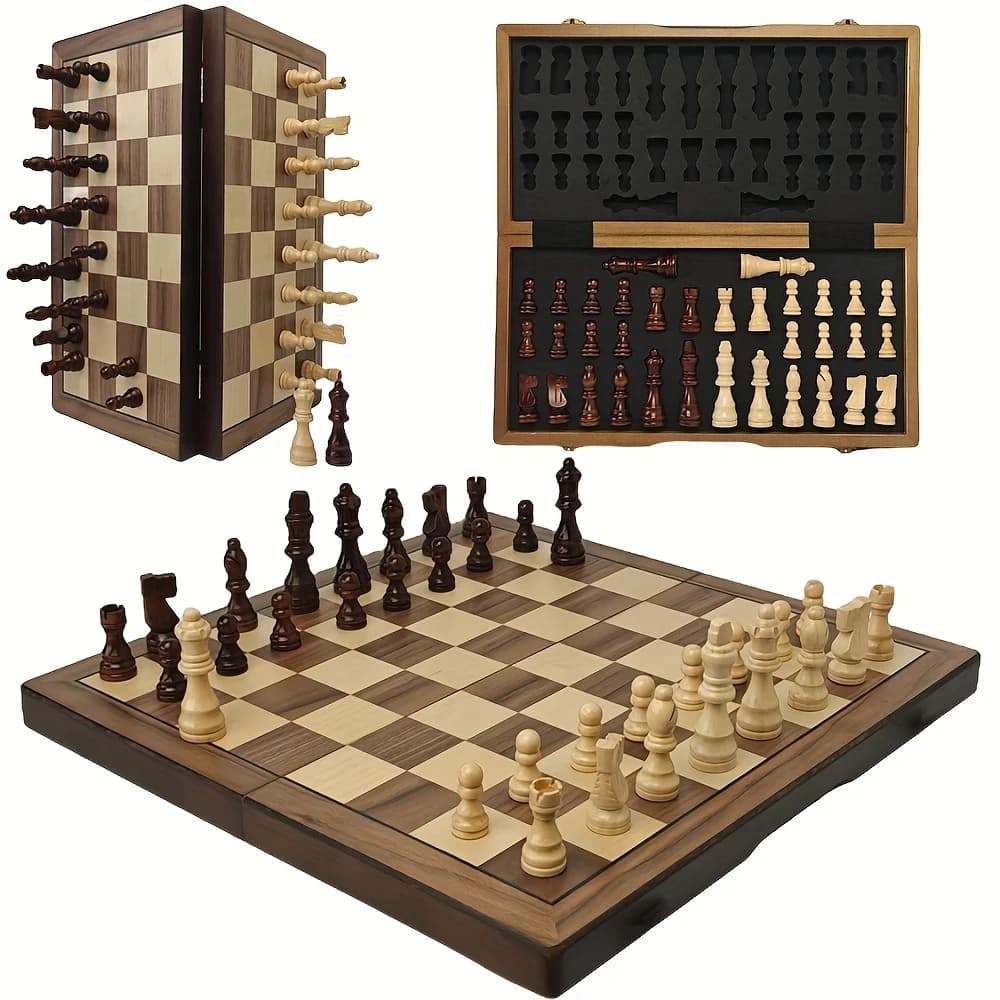 39 cm/15,35 Zoll großes magnetisches Schachspiel aus Holz mit 2 zusätzlichen Damenfiguren, faltbares, tragbares Reisebrett, geeignet für Turniere.