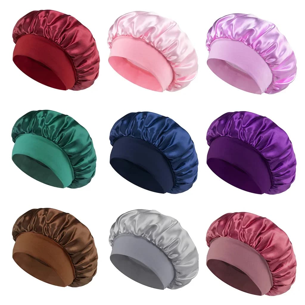 Damen-Satin-Haube, Haarhaube zum Schlafen, Haarpflege, Seidenhauben, solide Schlafmütze mit breiter Krempe und elastischem, weichem Band