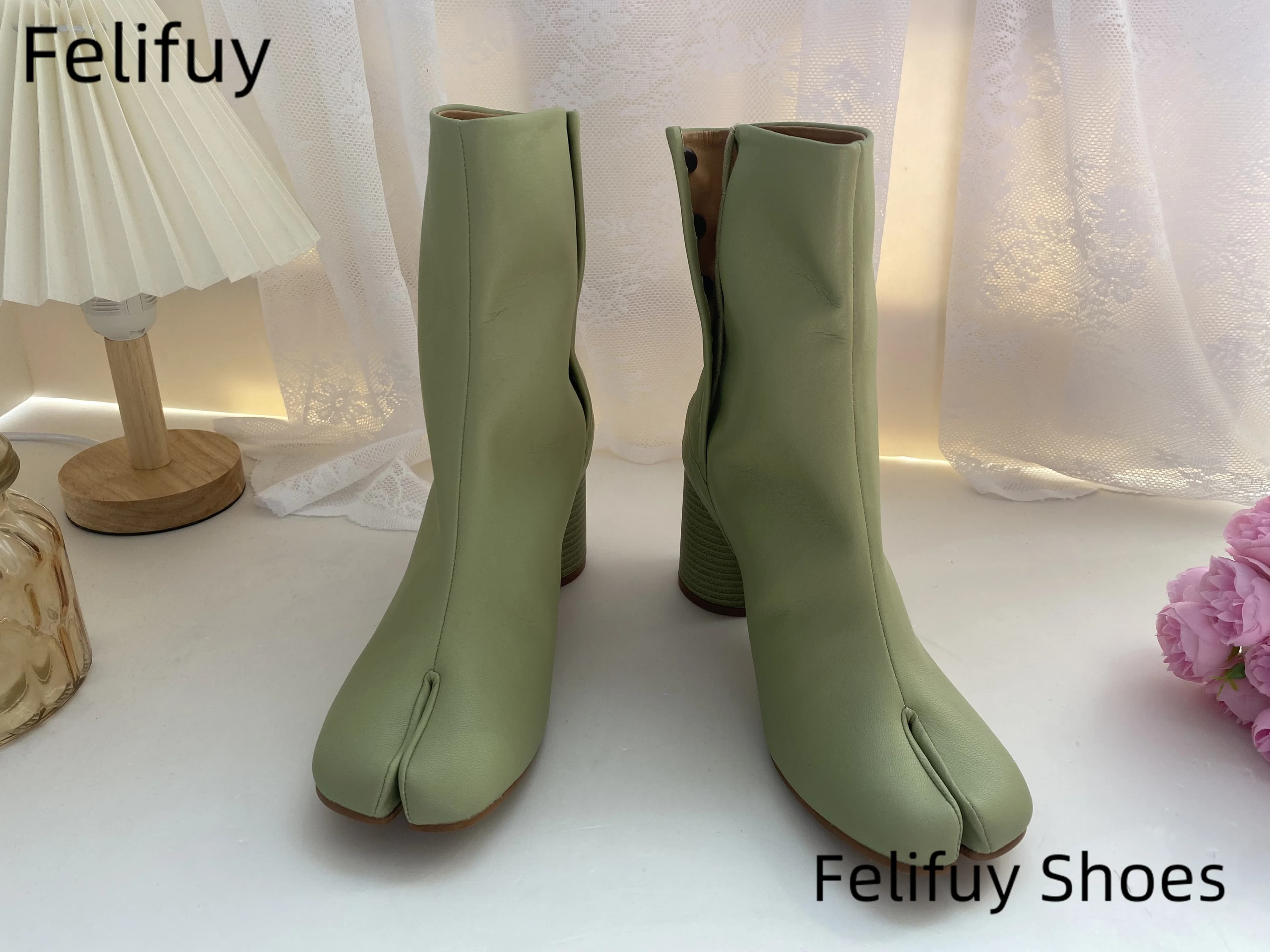 Grüne Herbst-Stiefeletten, klobiger Absatz, geteilte Zehenschuhe, Knopf-Design, Loafer, blaue Schuhe, echtes Leder, Damen, Mary Janes, Tabis
