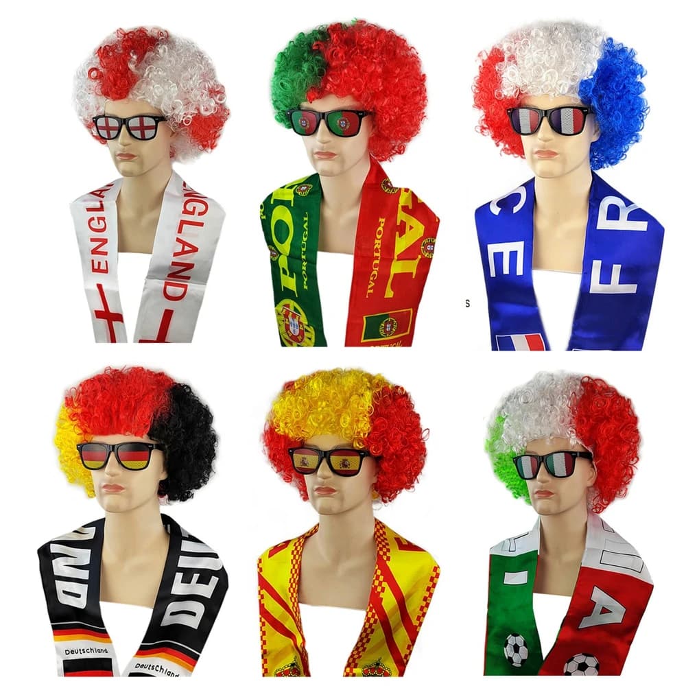 Fußballspiel, Nationalflagge, Farbe, Explosion, Haar, Perücke, Fächer, Haarteil mit Schal und Brille, Set, europäisches Nationalmannschaftskostüm