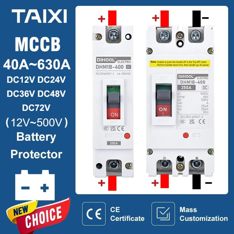 DC 12V 24V 48V 72V MCCB 250A Kompaktleistungsschalter Batterie 125A 100A 200A 300A 400A Auto Ladestapel Schutz TAIXI