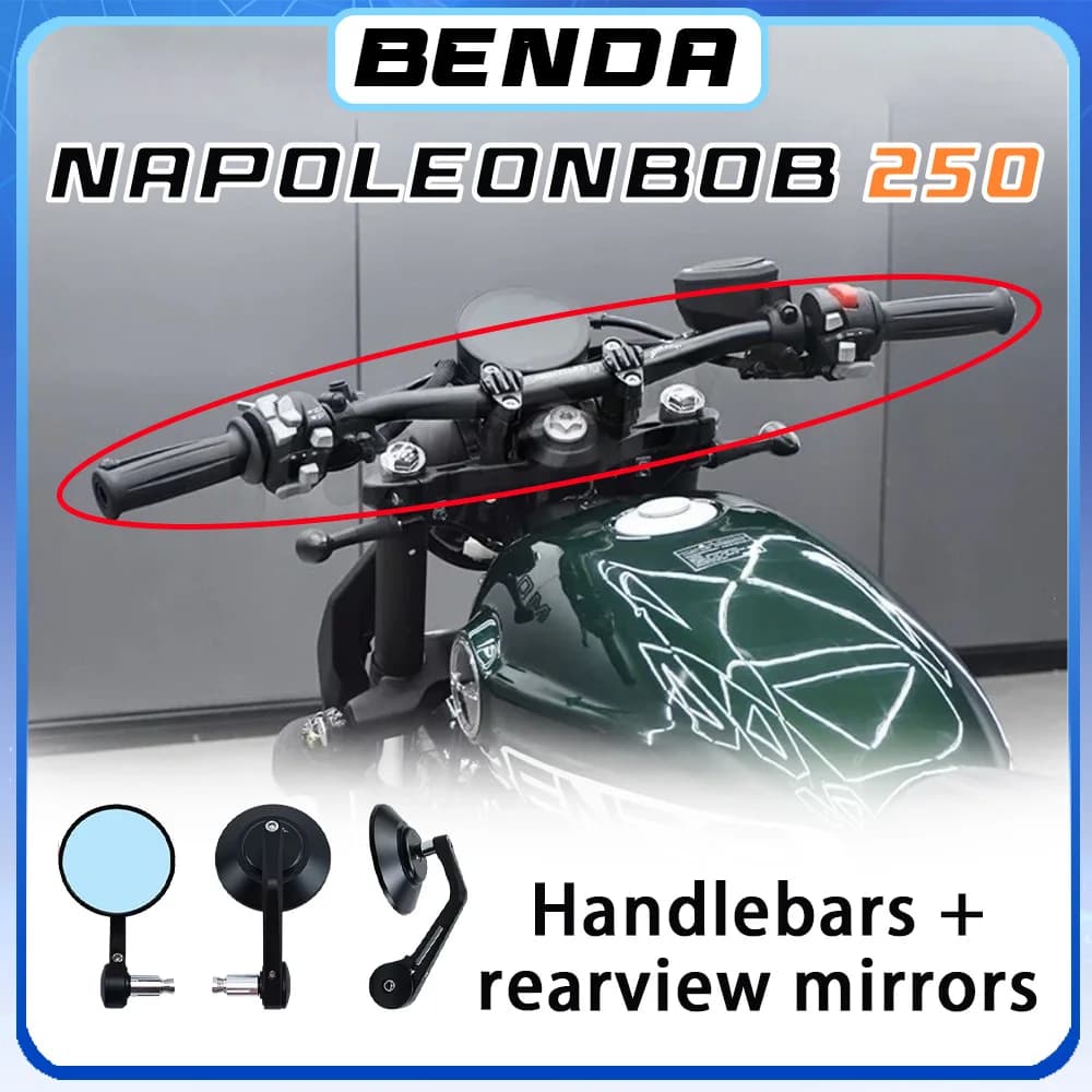 Flacher Lenker im M-Stil, Lenker aus Aluminiumlegierung, BENDA NAPOLEON BOB 250, neigbarer Lenker, Rückspiegel 250 Napoleon Bob