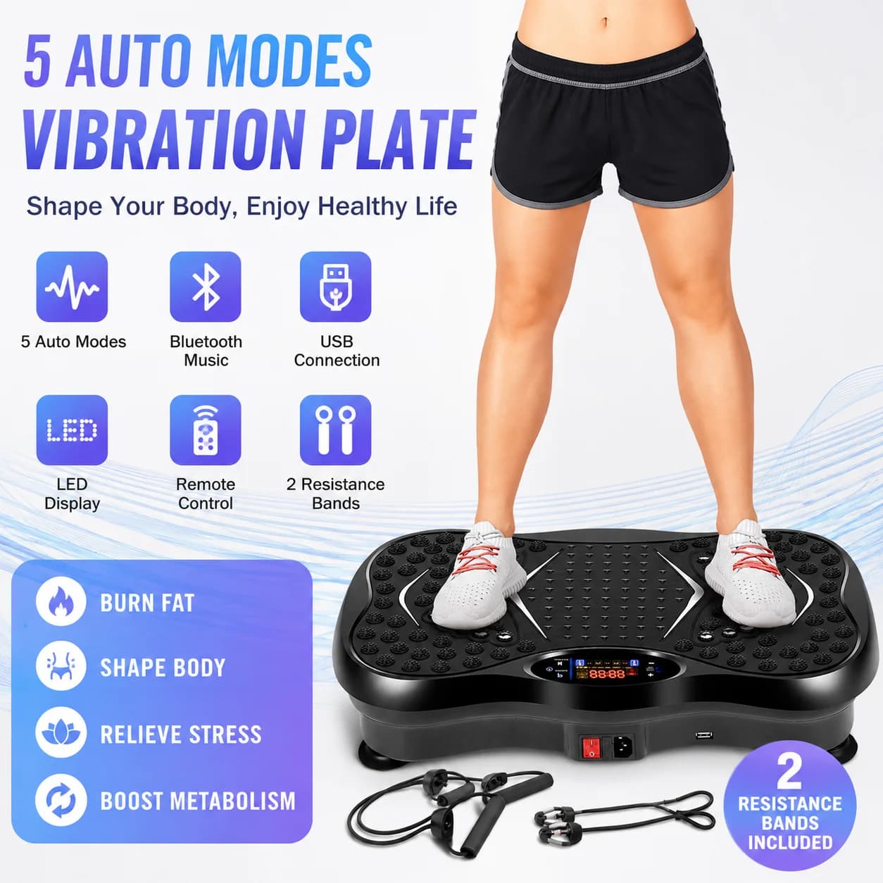 Ganzkörper-Vibrationsplatte Trainingsgerät, Bluetooth-Lautsprecher, 5 Automatikmodi, LED-Display, Widerstandsbänder für Heimfitness-Training