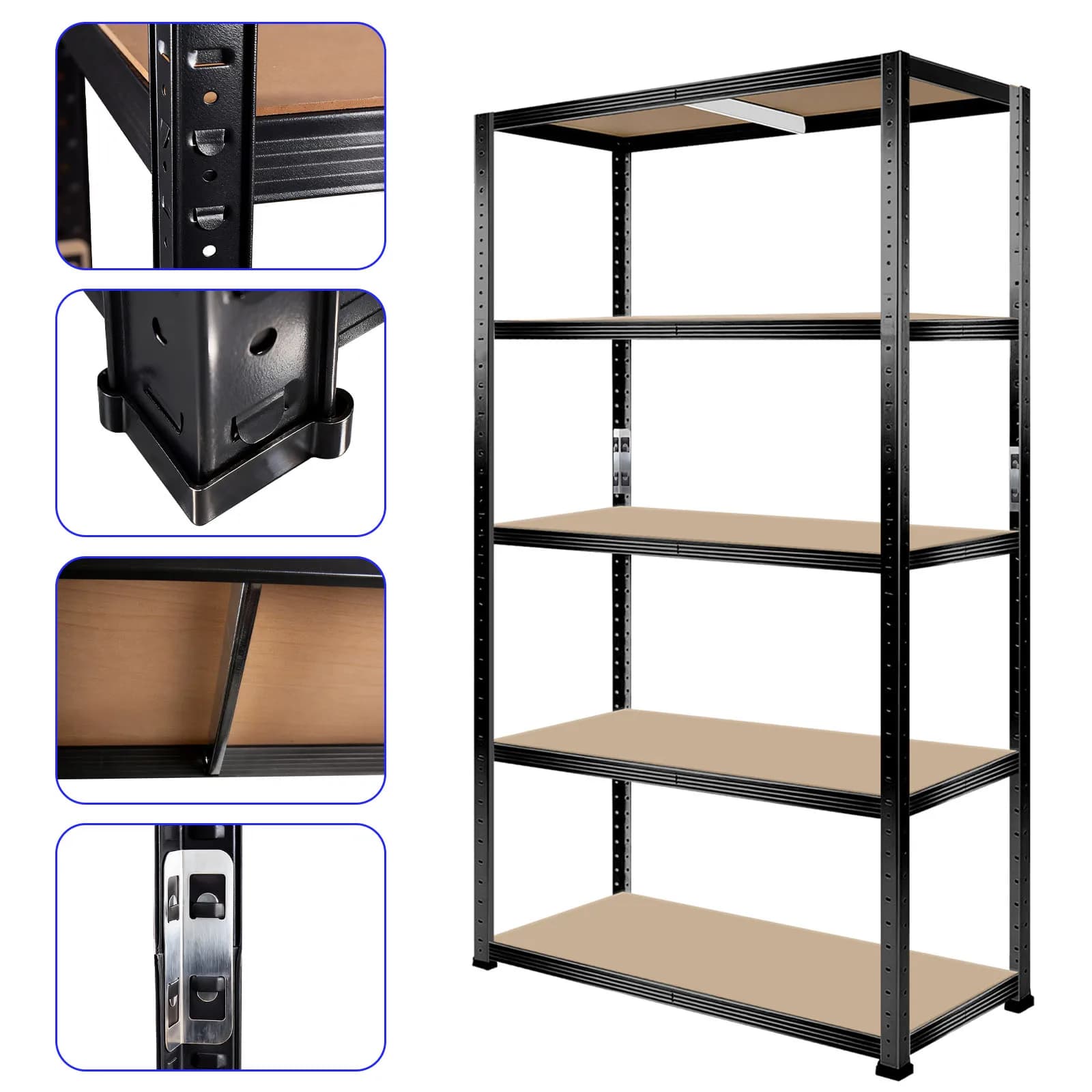 5-stöckiges Schwerlast-Metallregal 1000kg Tragkraft Schraubenloses Verstellbares MDF-Lagerregal für Lager Garage Küche Schlafzimmer