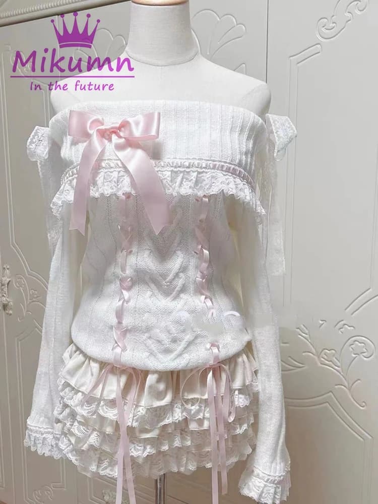 Mikumn Frauen Y2k Süße Spitze Gestrickte Pullover Japanischen Lolita Stil Vintage Kawaii Slash Neck Rosa Band Schleife Off Schulter Pullover