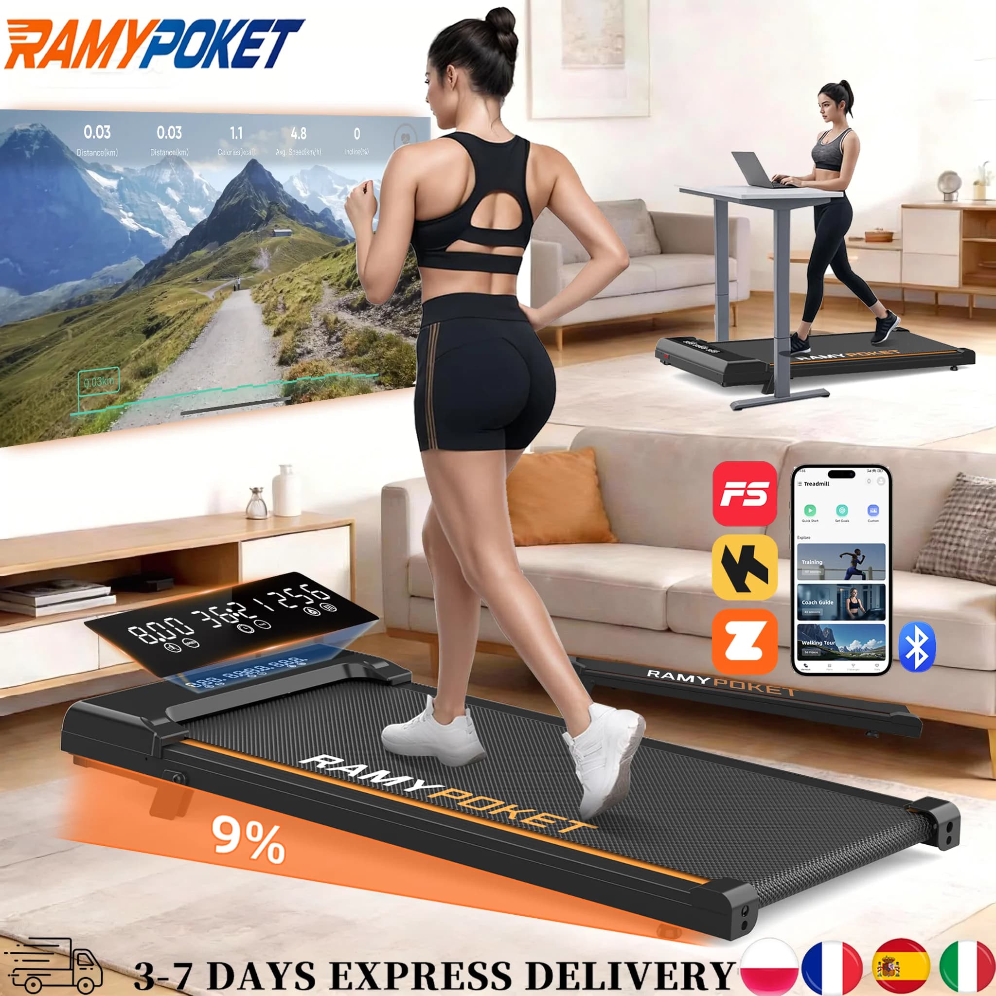 RAMYPOKET Laufband mit 9 % Steigung 2,5 HP 1–8 km/h elektrisches Laufband APP- und LED-Dual-Display, Laufband mit geringem Geräuschpegel für