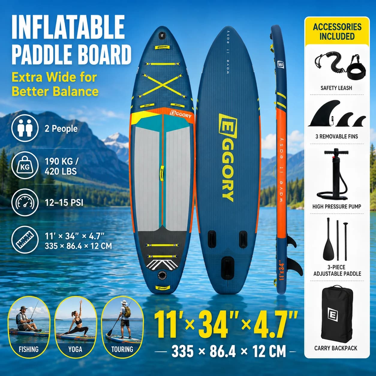EGGORY Aufblasbares Stand-Up-Paddle-Board 335x86,4x12cm SUP-Board 190kg Tragfähigkeit für 2 Personen mit 3-teiligem verstellbarem Paddel, 3