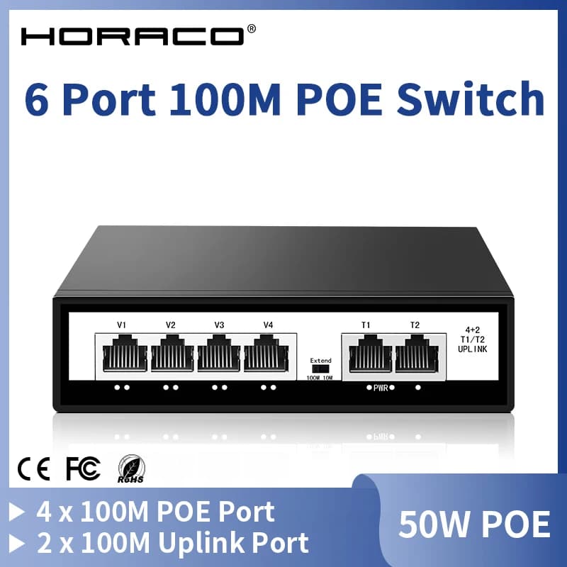 HORACO 6 Port 100M POE Switch 100Mbps Aktiver POE Netzwerk Switch 52W für IP Kamera, NVR, Überwachung, CCTV, POE Kamera