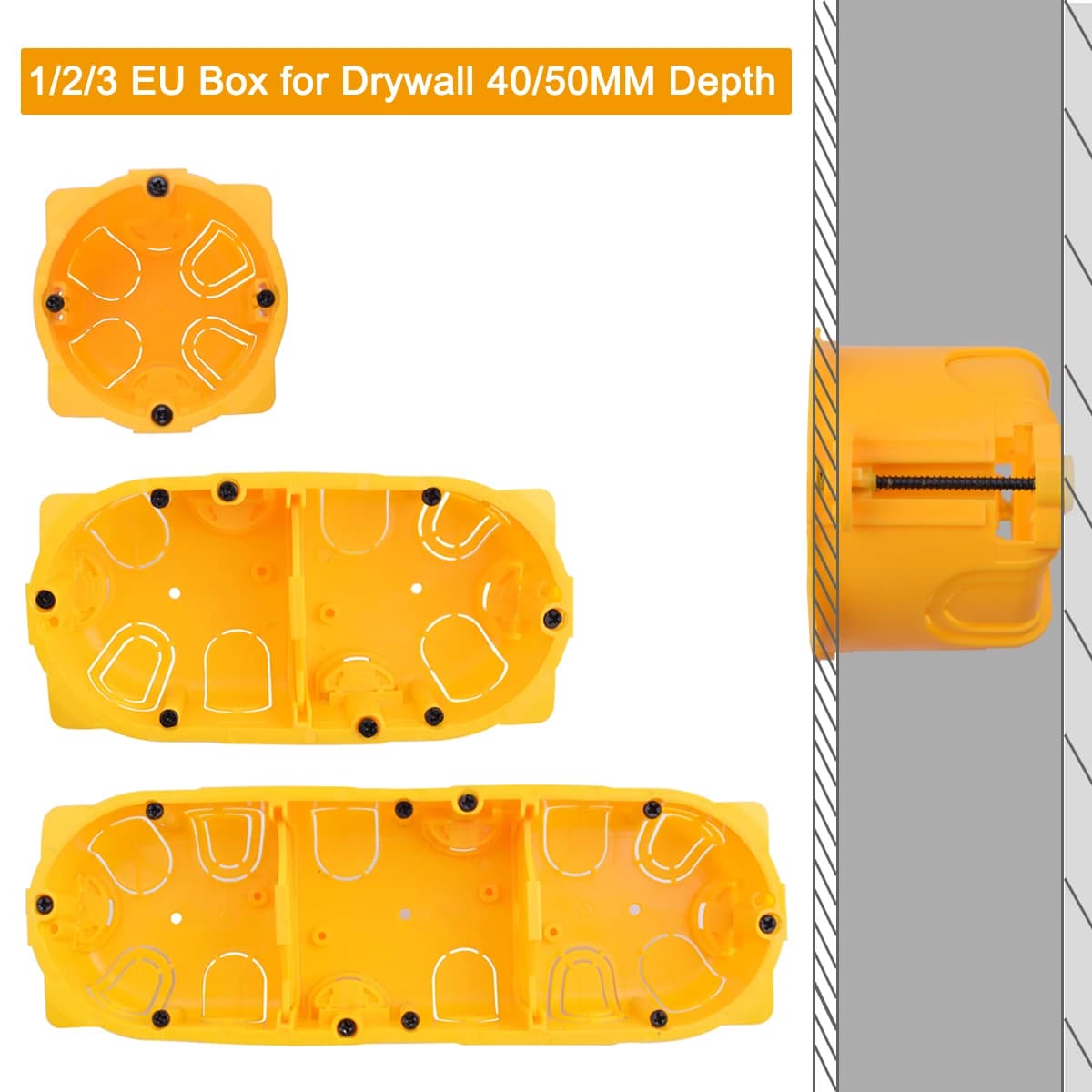 1-Gang-Trockenfutterbox für Gipskarton/Trockenbau/Plasterboad/Downlight, 40/50 mm Tiefe, Schalter/Steckdose, Kassette, feuerfestes PC-Material