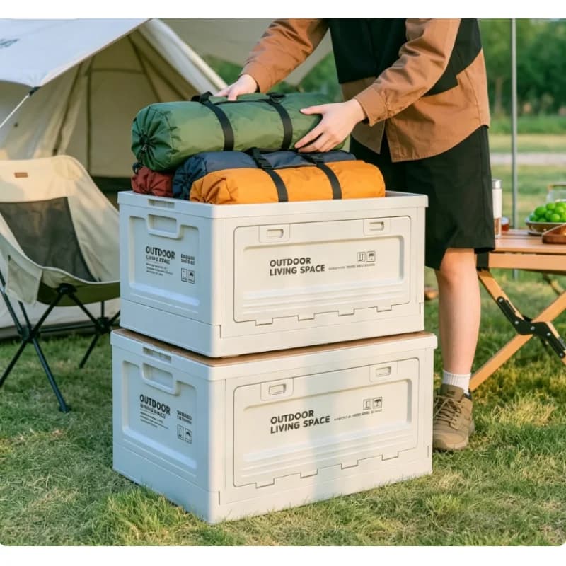 Outdoor-Camping Faltbare Aufbewahrungsbox Tragbarer Kofferraum-Organizer Integrierter Hocker Schneidebrett Reise-Picknick-Aufbewahrungsbox
