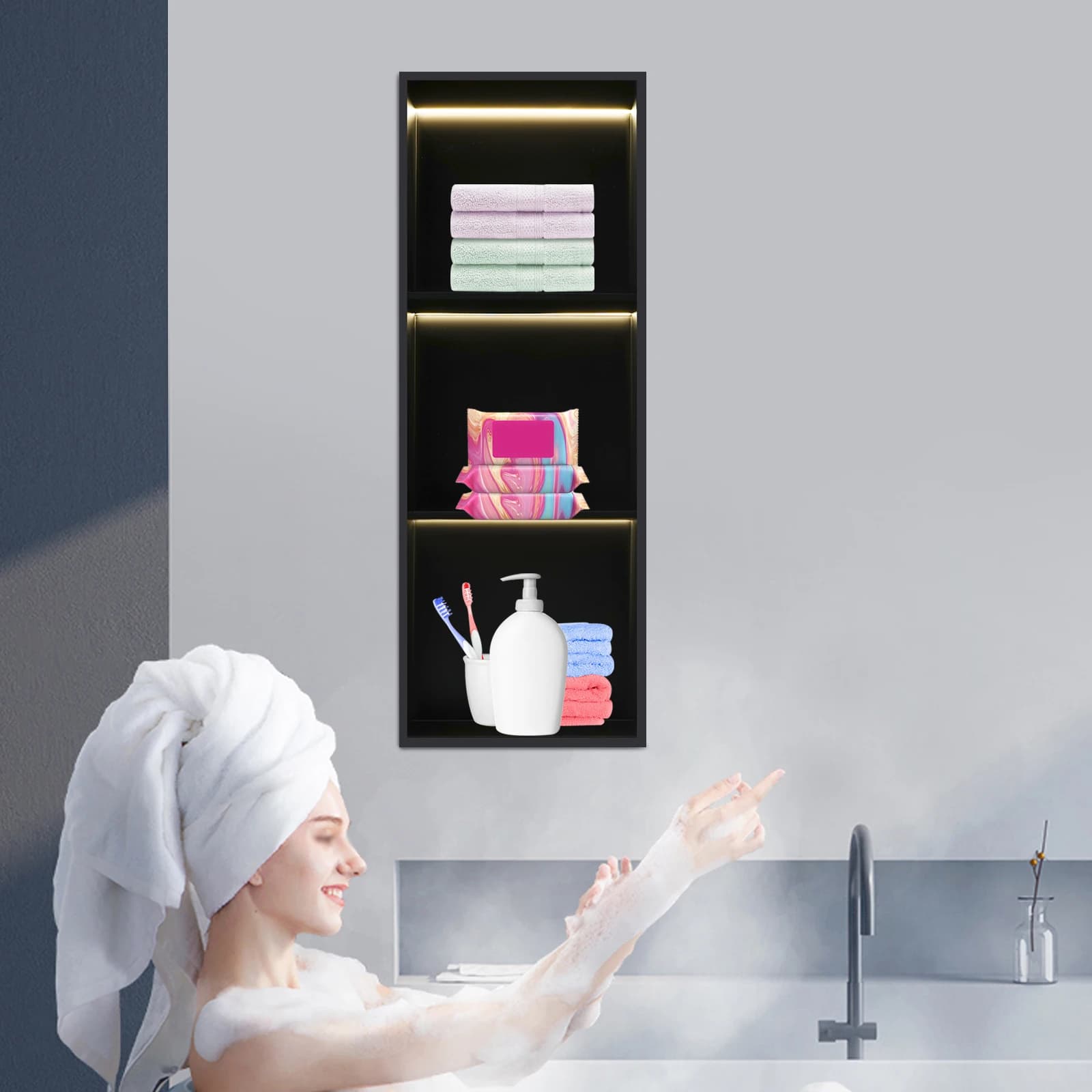 Duschnische aus Edelstahl, Badezimmer-Wandnische, 2/3 Etagen, Wandnische mit LED-Licht