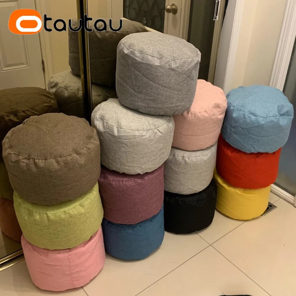 OTAUTAU Runder Hocker, D30 cm x H20 cm, Leinen-Sitzsack, Ottomane mit Füllung, Sitzsack, Pouf, Fußhocker, Tatami-Futon-Puff JD001