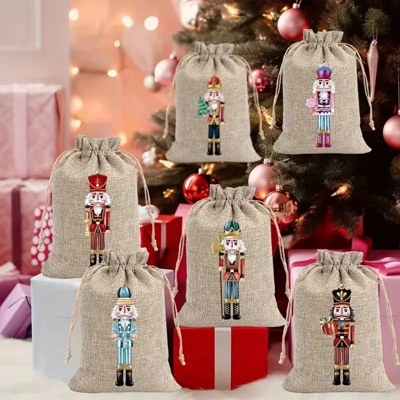 VIKAMA 12-teilige Weihnachts-Süßigkeitentüten aus Leinen mit Nussknacker – Aufbewahrungsbeutel für Weihnachtsgeschenke – Geschenkpakete für
