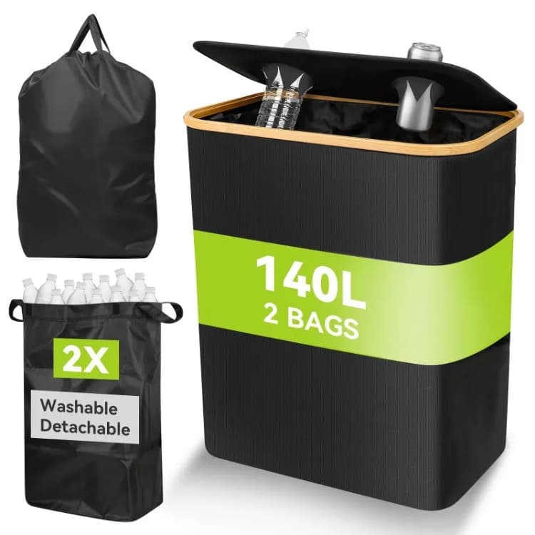 Großer 140L Recycling-Behälter mit Deckel, Inklusive Abnehmbaren & Waschbaren Beuteln, Robuster Sortierbehälter für Küche, Haushalt und