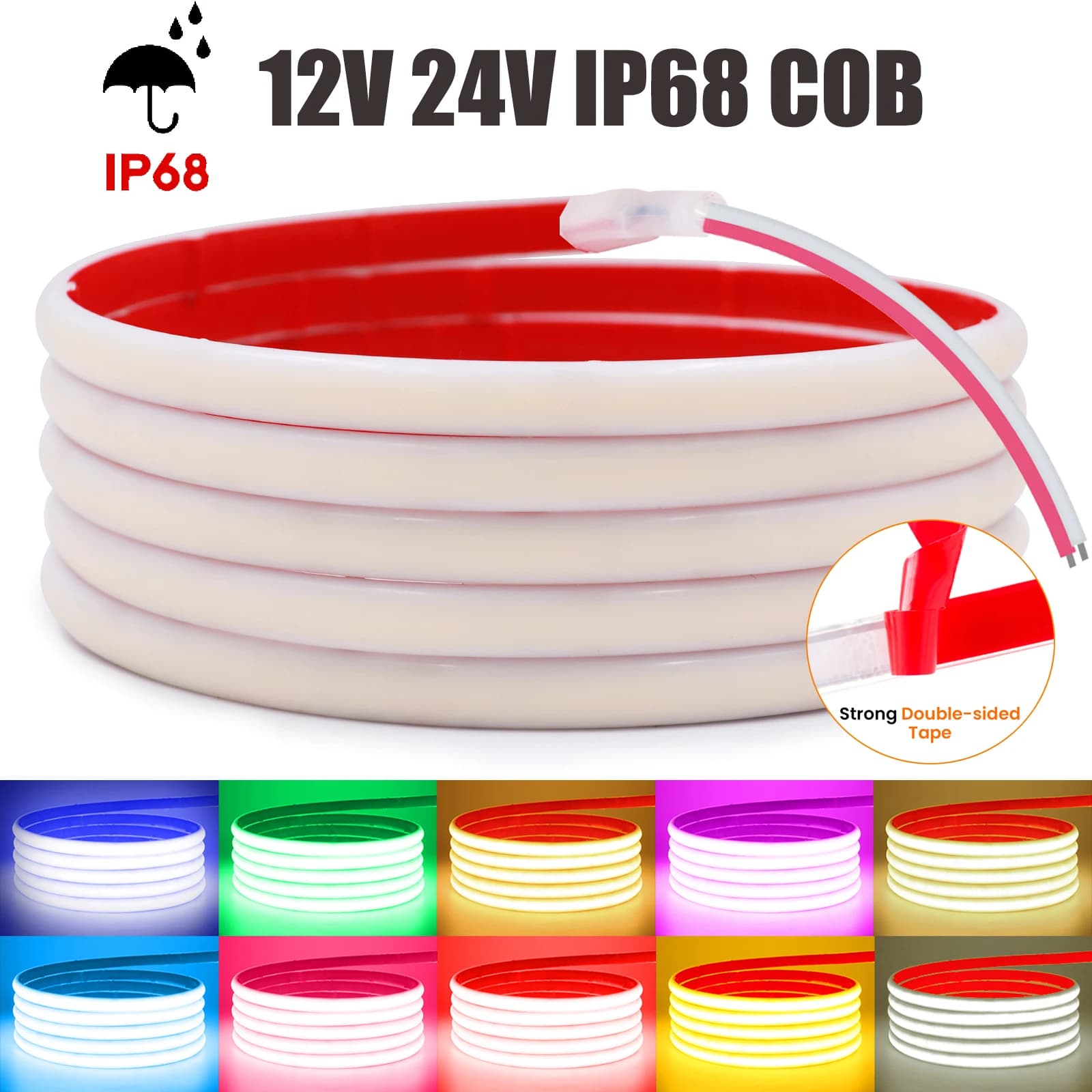 IP68 Wasserdichtes COB-LED-Streifenlicht, 12 V, 24 V, flexibles LED-Neonband, 320 LEDs/m, hochdichtes lineares Licht, Außenschwimmbad