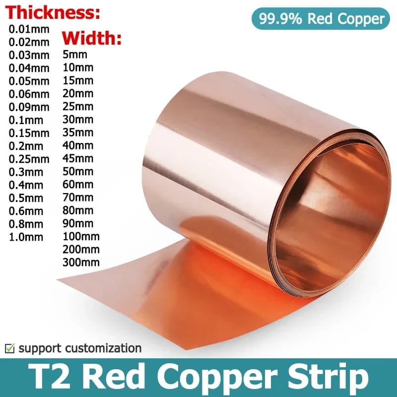 1 Meter T2 roter Kupferstreifen, Blechstärke 0,01–1 mm, Kupferspule, Plattenbreite 10–300 mm, 0,02/0,05/0,1/0,15/0,2/0,25/0,3/0,4/0,5 mm