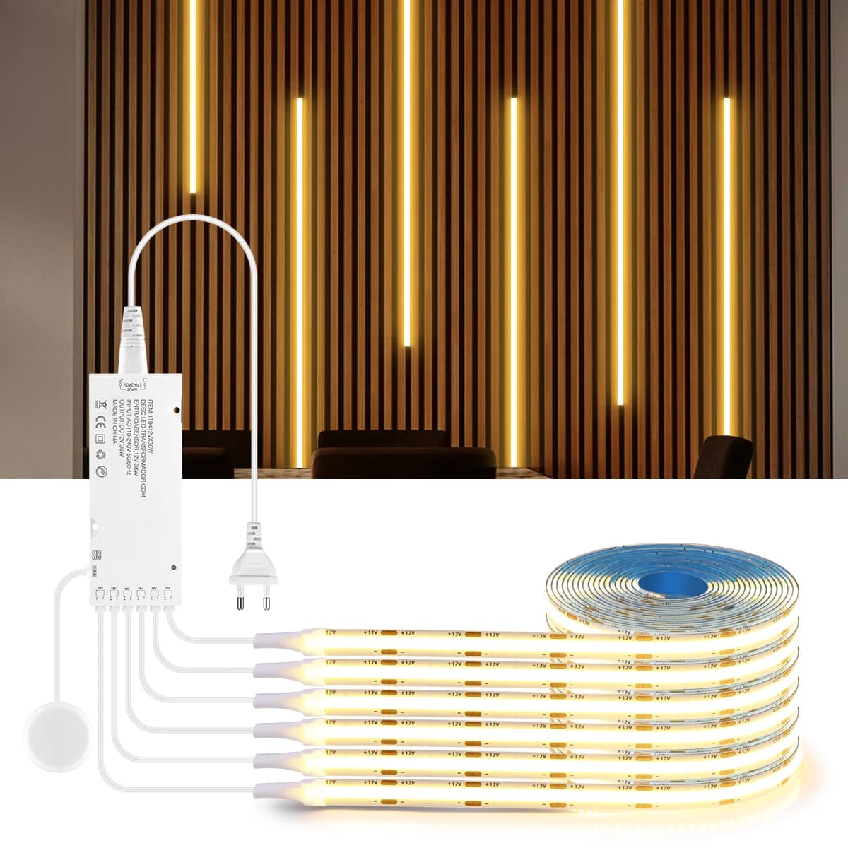 Intelligente durchdringbare Holz-COB-LED-Streifen, Touch-Sensor-Licht, 320 LEDs/m, warm/neutralweiß, parallele Lichter,