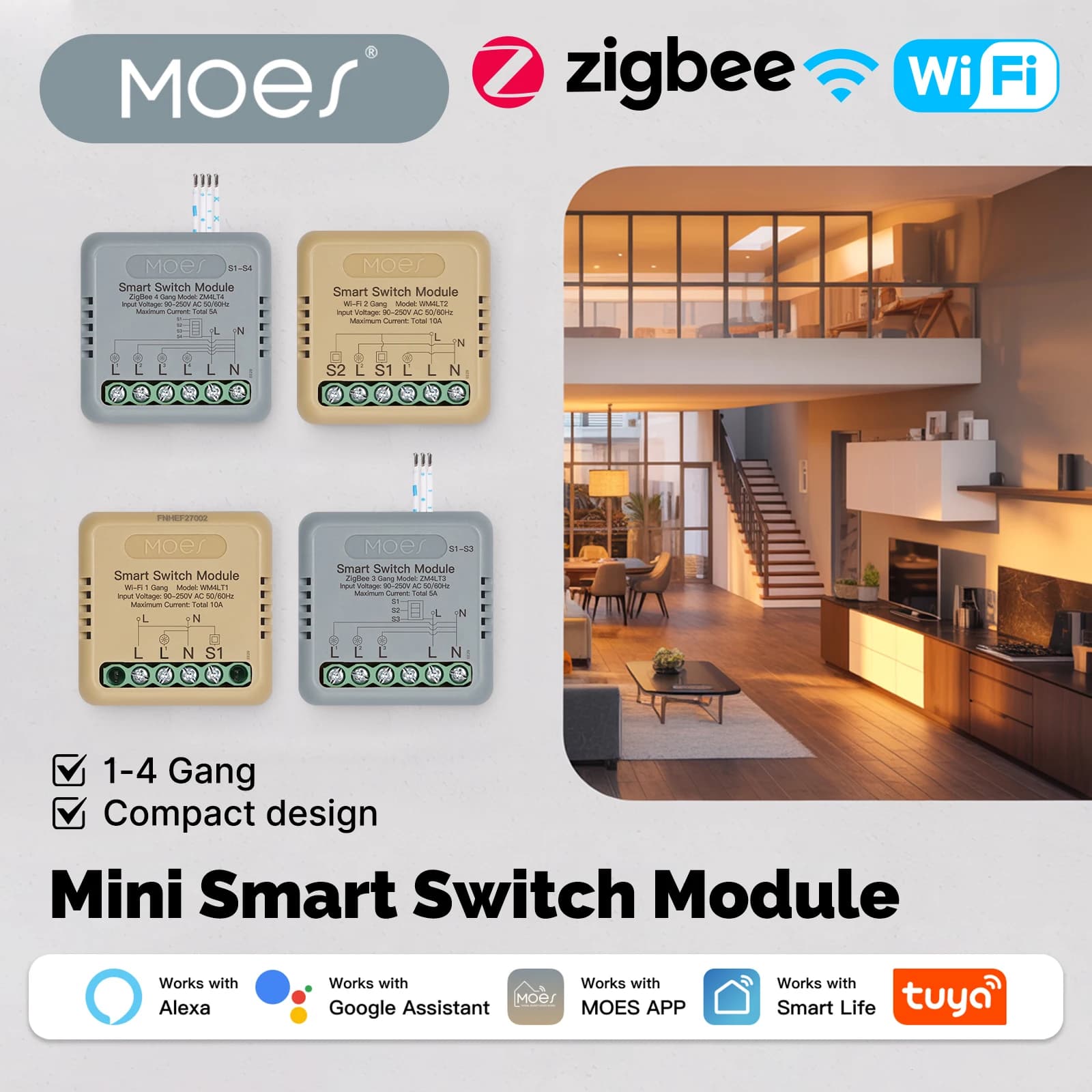 MOES Tuya WiFi/Zigbee Mini Smart Switch Modul DIY 1-4 Gang Sprachsteuerung Timer Home Automation Funktioniert mit Alexa Google Home