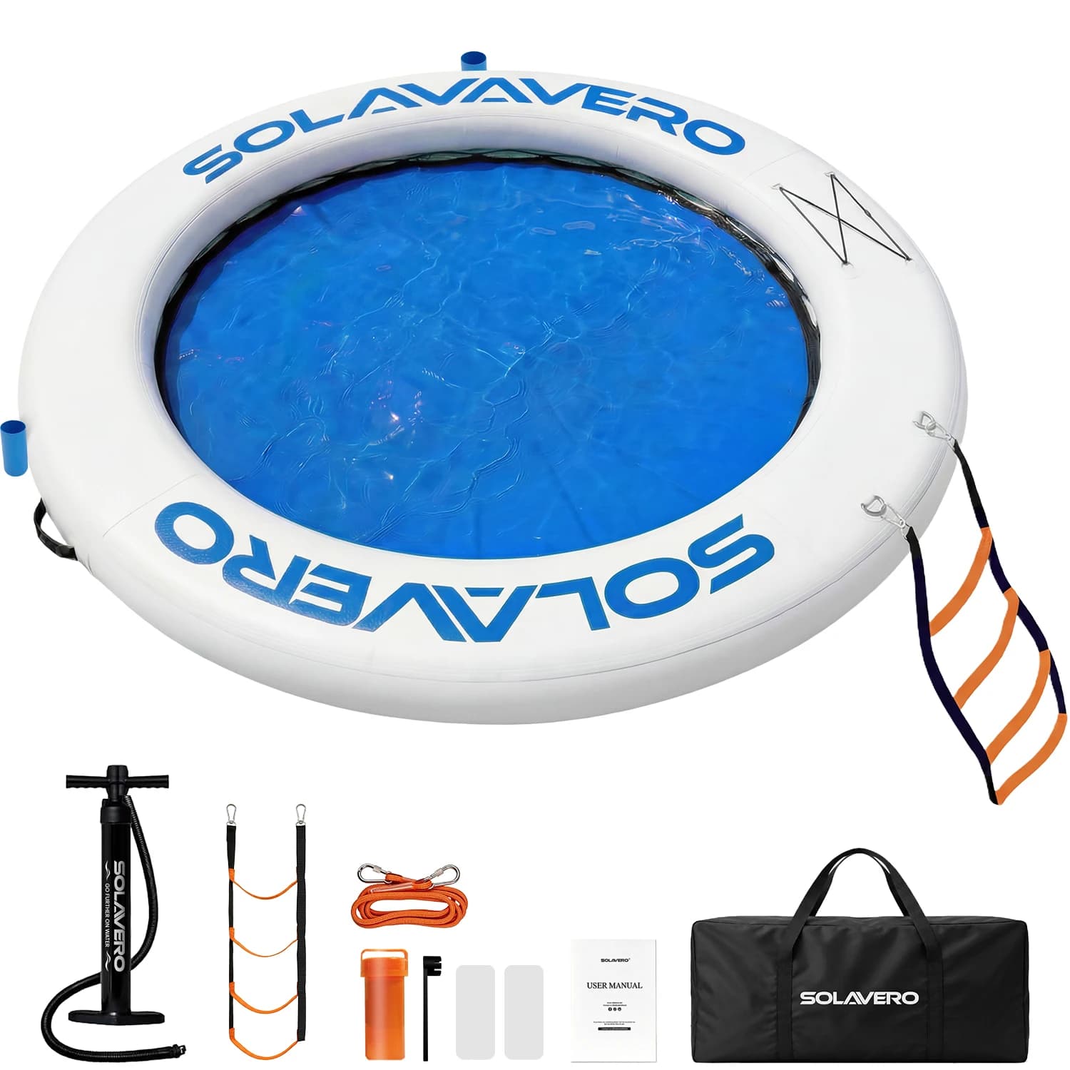 8FT Runde Aufblasbare Schwimmplattform, 3-4 Personen Aufblasbares Schwimmfloß mit Komfortablem Mittelgitter, Rutschfester Leiter, Getränkehaltern,