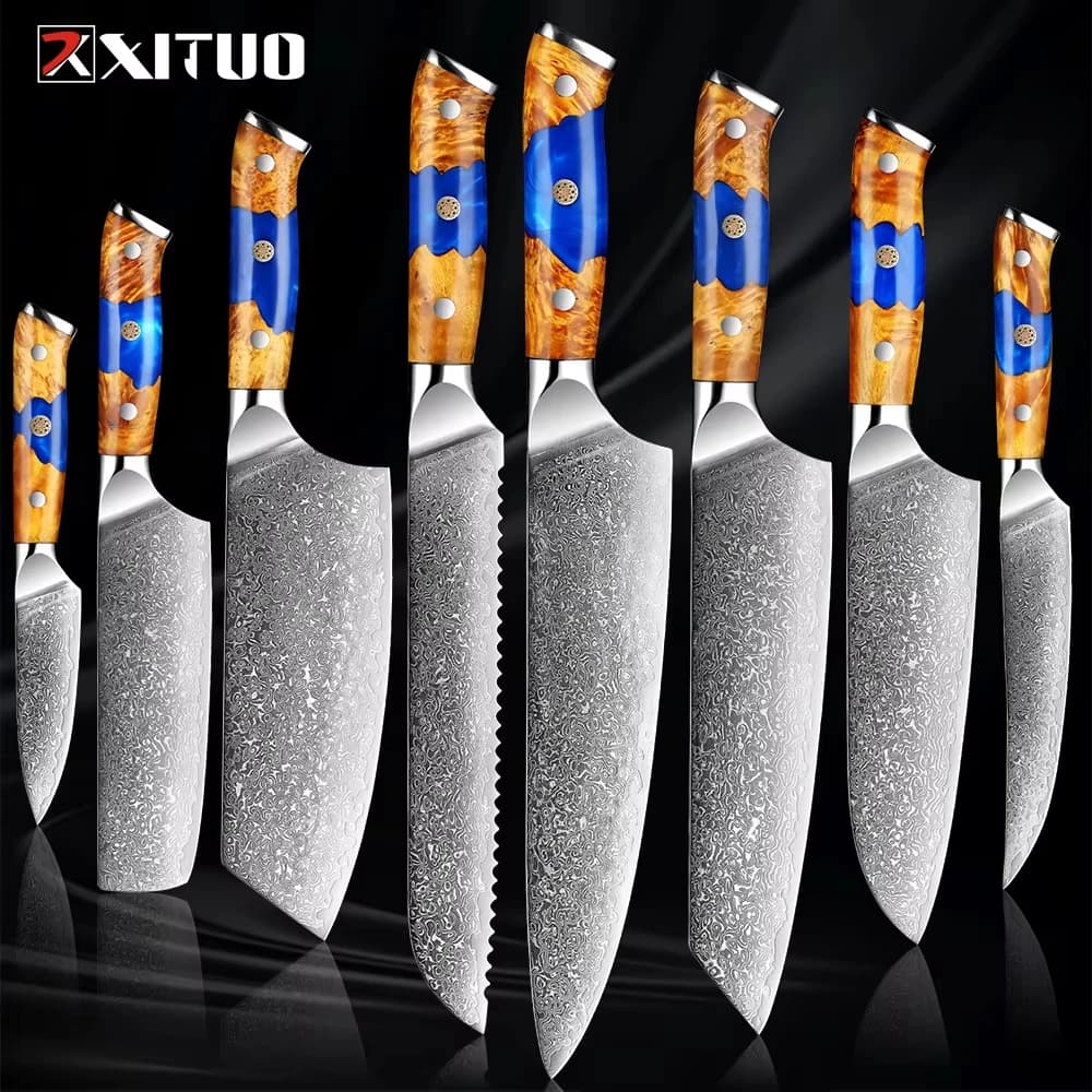 XITUO Messer aus Damaststahl, 67-lagig, japanisches VG10-Kochmesser, Küchenschneiden, Nakiri-Brot, Santoku-Schälmesser, blauer Harzgriff