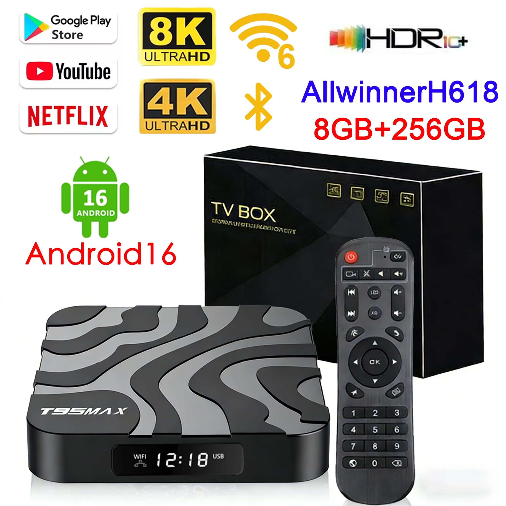 Android 16 T95Max Smart Home Theater TV-Box Allwinner H618 Dual WLAN 8GB RAM 256GB ROM BT5.4 Netflix Google 4K 8K HD Set-Top-Box