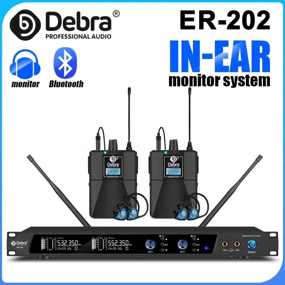 Debra ER-202 Professionelles Stereo-Wireless-In-Ear-Monitor-System, UHF mit Bluetooth 5.0 für Bühne, Konzerte, Tonstudios