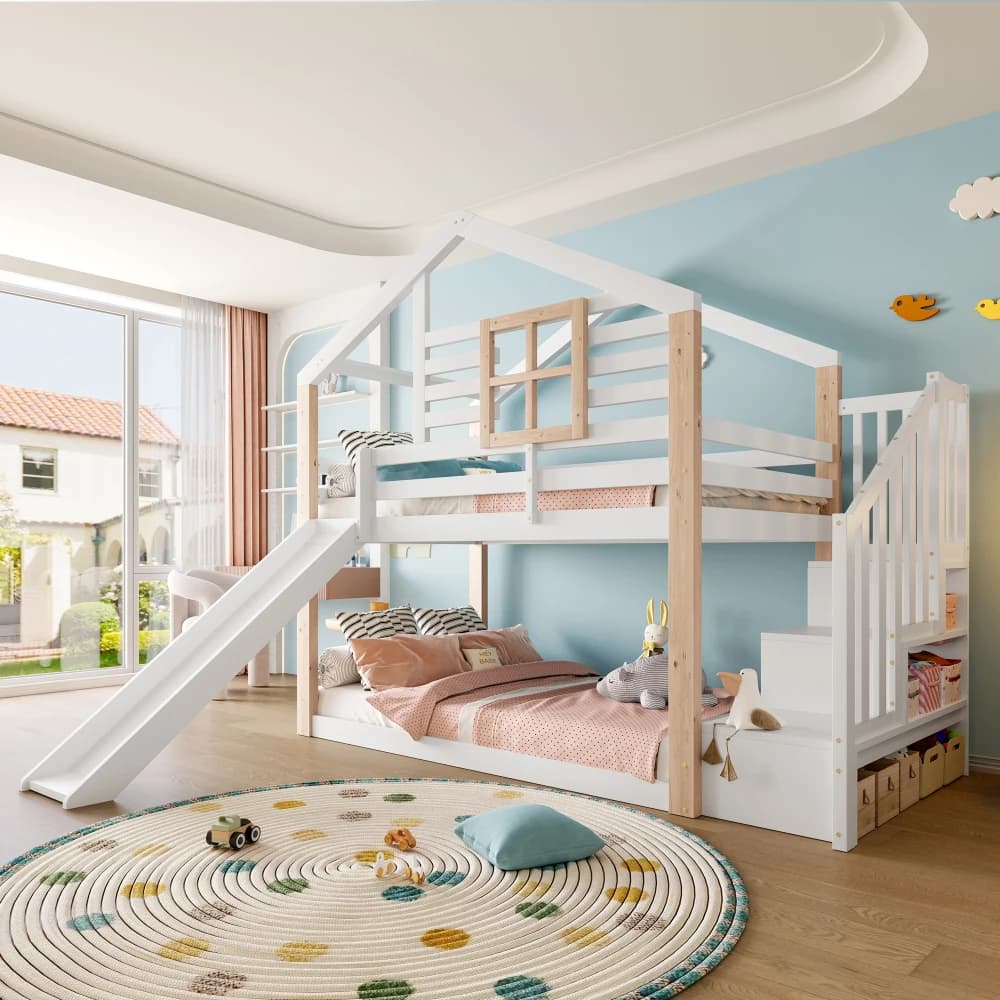 Kinder-Etagenbett mit Rutsche und Treppe, Massivholzkonstruktion, stabil und sicher, mit Geländer und Stauraum, platzsparend