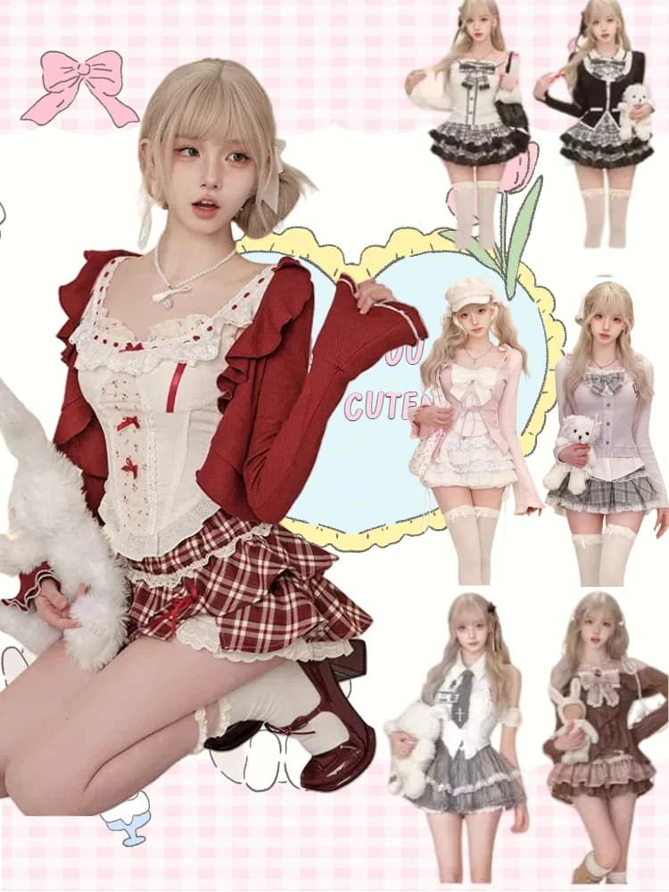 Japanische Kawaii 3-teilige Sets Lolita Y2k Cardigan Mäntel + Miniröcke + Korsett Weste American Vintage Anzüge Herbst Even Party Chic
