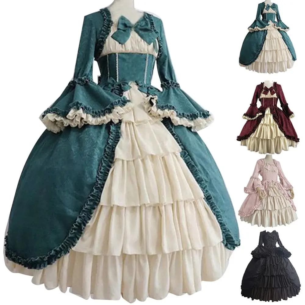 Frauen Kleid Elegante Dame Retro Square Neck Enge Taille Bowknot Mittelalterlichen Kleid Helloween Cosplay Party Kostüm Ästhetisches Kleid