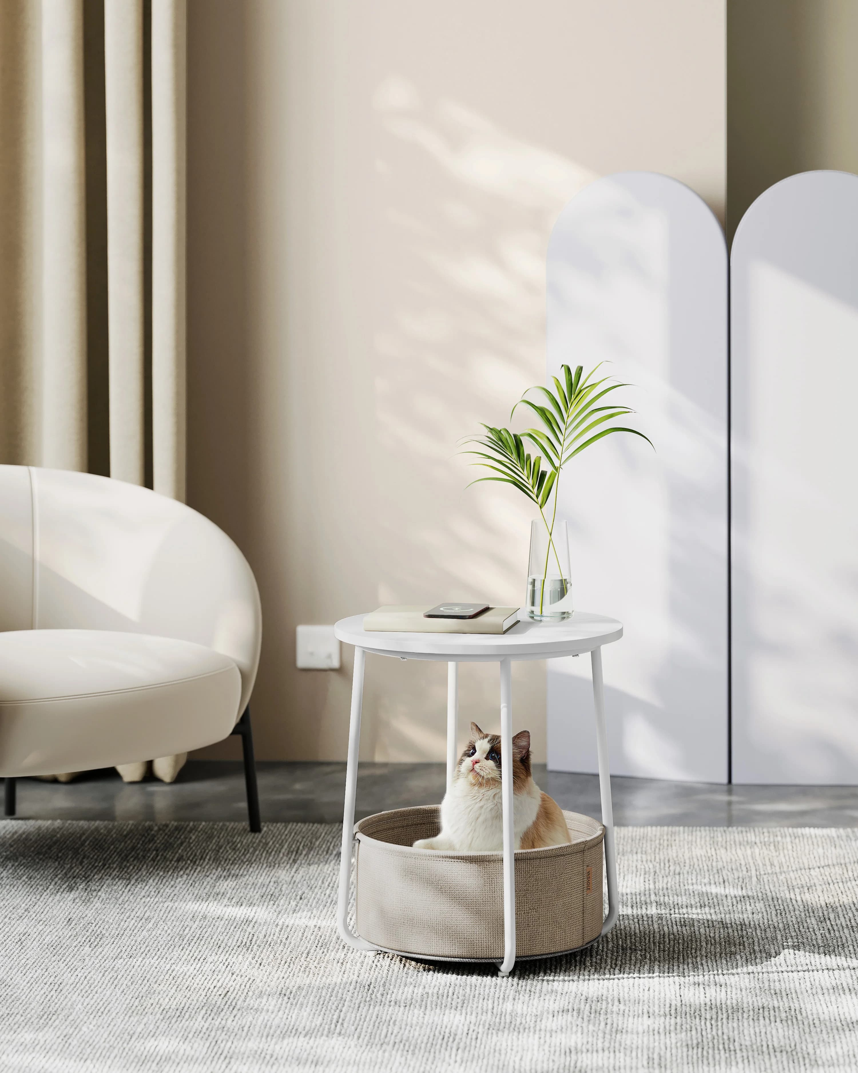 VASAGLE Beistelltisch rund, kleiner Tisch, Couchtisch klein, Wohnzimmertisch mit Korb aus Stoff, Stauraum für Wohnzimmer