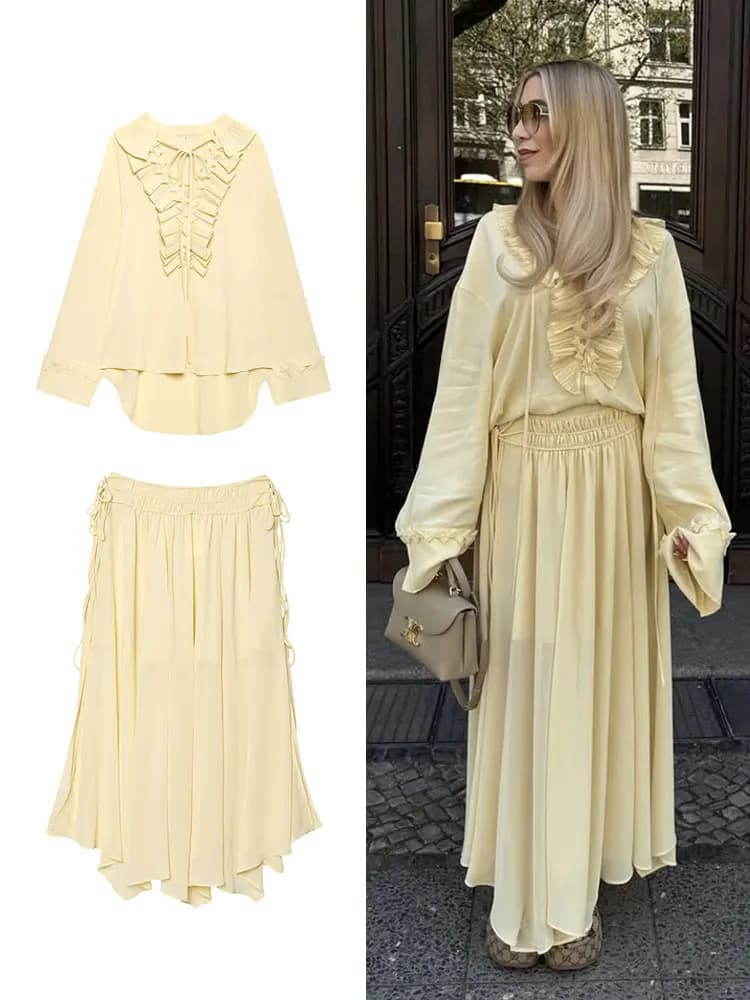 HH Frauen Elegante Gelbe Rüschen Spitze-up Bluse Röcke Sets Langarm V-ausschnitt Hemd Plissee Midi Rock 2025, frauen Outfits