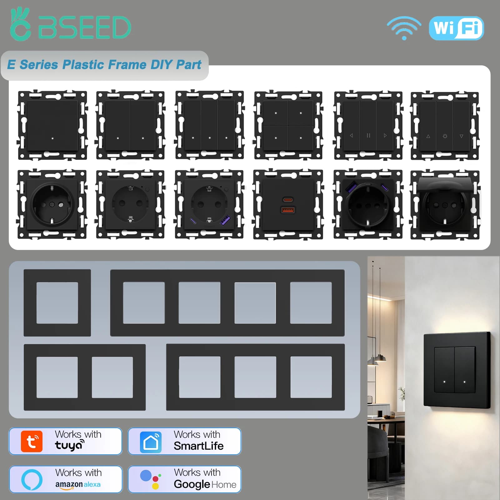 BSEED 1/2/3/4Gang WIFI Klicken Taste Schalter Teil Kunststoff Rahmen Smart Vorhang Schalter Funktion Teil EU Smart Steckdose DIY Kombination