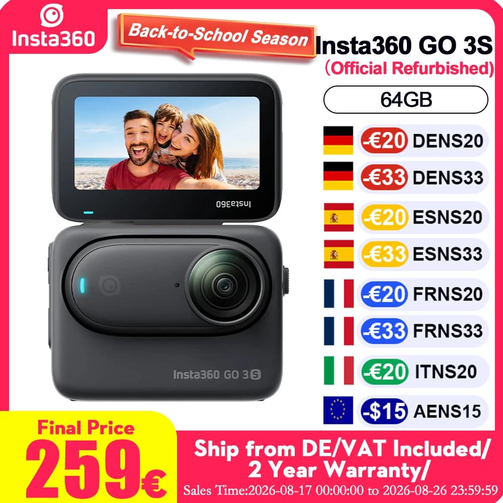 Official Refurbished Insta 360 GO 3S Portable Mini Camcorders Voice Control 2.0 Flip Touchscreen Gesture Control Hands-Free Powerful 4K A Tiny Camera
